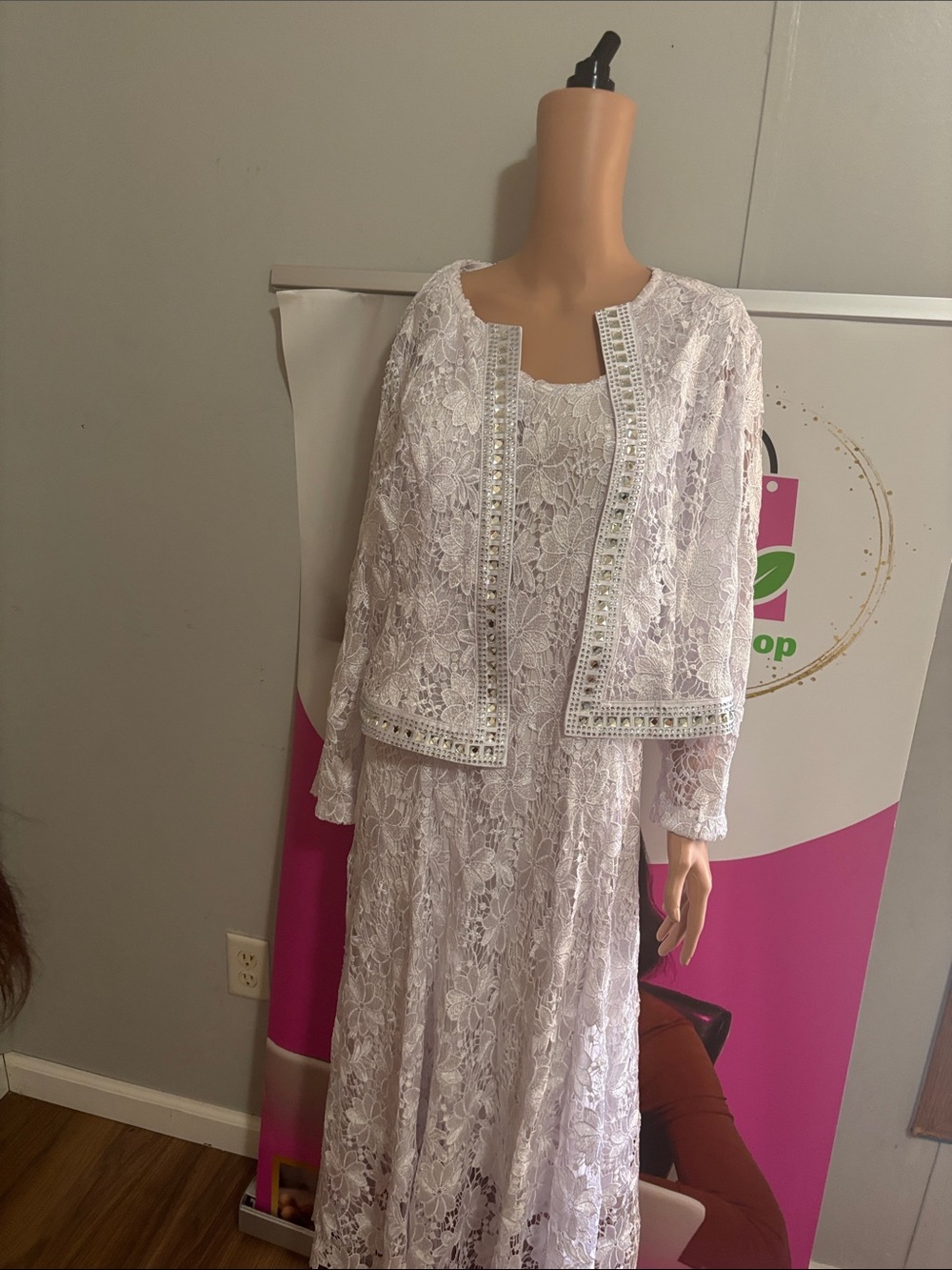 Elegant White Lace Long-Sleeve Dress with Beaded Jacket